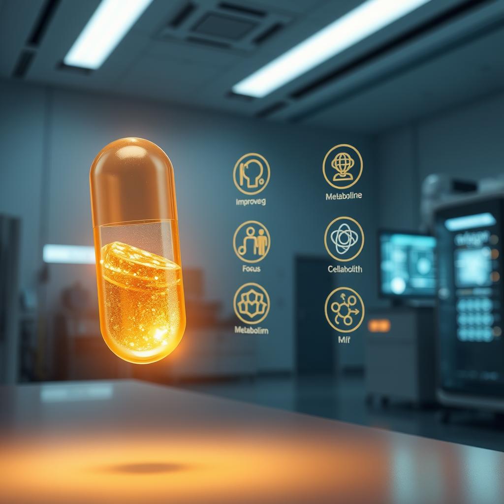A vibrant, photorealistic image of the benefits of taking "mitolyn" supplement. In the foreground, a glowing, transparent capsule filled with a shimmering, golden liquid levitates, emitting a soft, warm light. In the middle ground, a series of stylized icons representing improved energy, focus, metabolism, and cellular health float around the capsule. The background depicts a serene, minimalist laboratory setting with sleek, modern equipment and glowing scientific displays. Lighting is soft and diffused, creating a sense of tranquility and scientific exploration. The overall mood is one of innovation, vitality, and the celebration of the body's natural processes enhanced by "mitolyn".